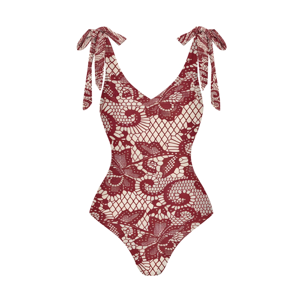 Women's Floral and Scrollwork Print on a Mesh Pattern Background One-Piece Swimsuit