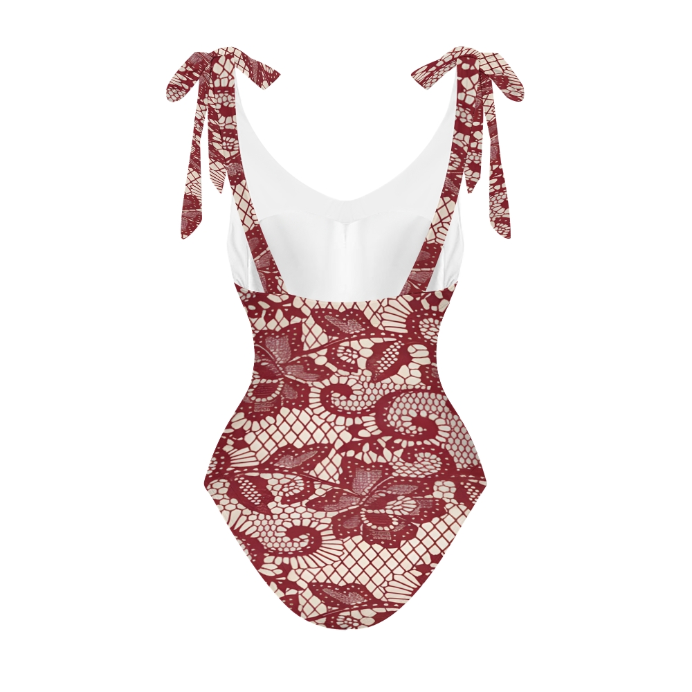 Women's Floral and Scrollwork Print on a Mesh Pattern Background One-Piece Swimsuit