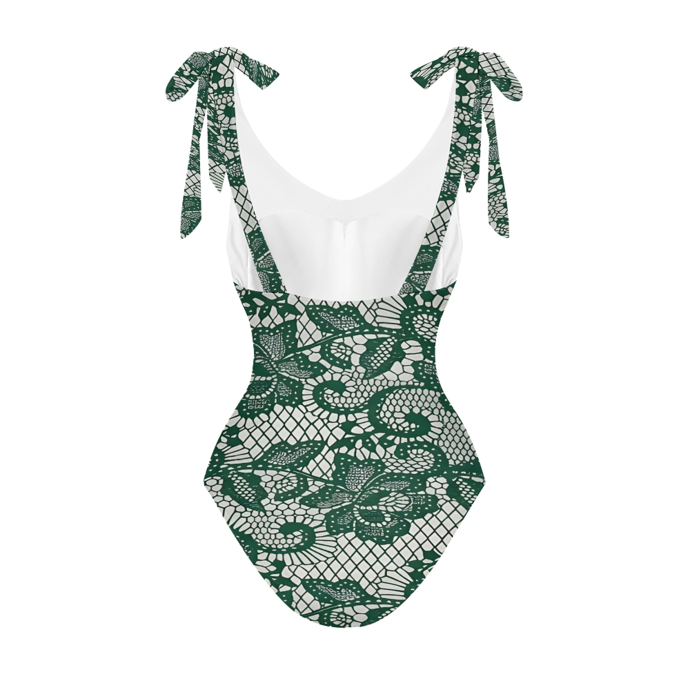 Women's Floral and Scrollwork Print on a Mesh Pattern Background One-Piece Swimsuit