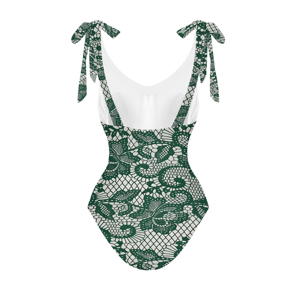 Women's Floral and Scrollwork Print on a Mesh Pattern Background One-Piece Swimsuit