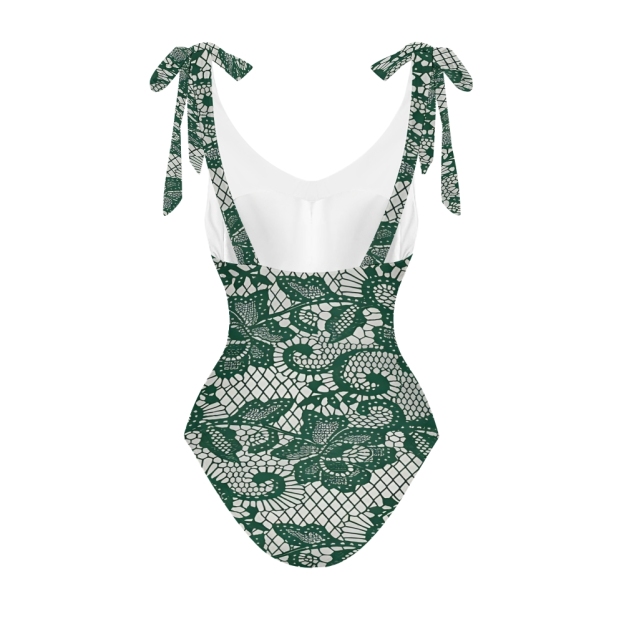 Women's Floral and Scrollwork Print on a Mesh Pattern Background One-Piece Swimsuit