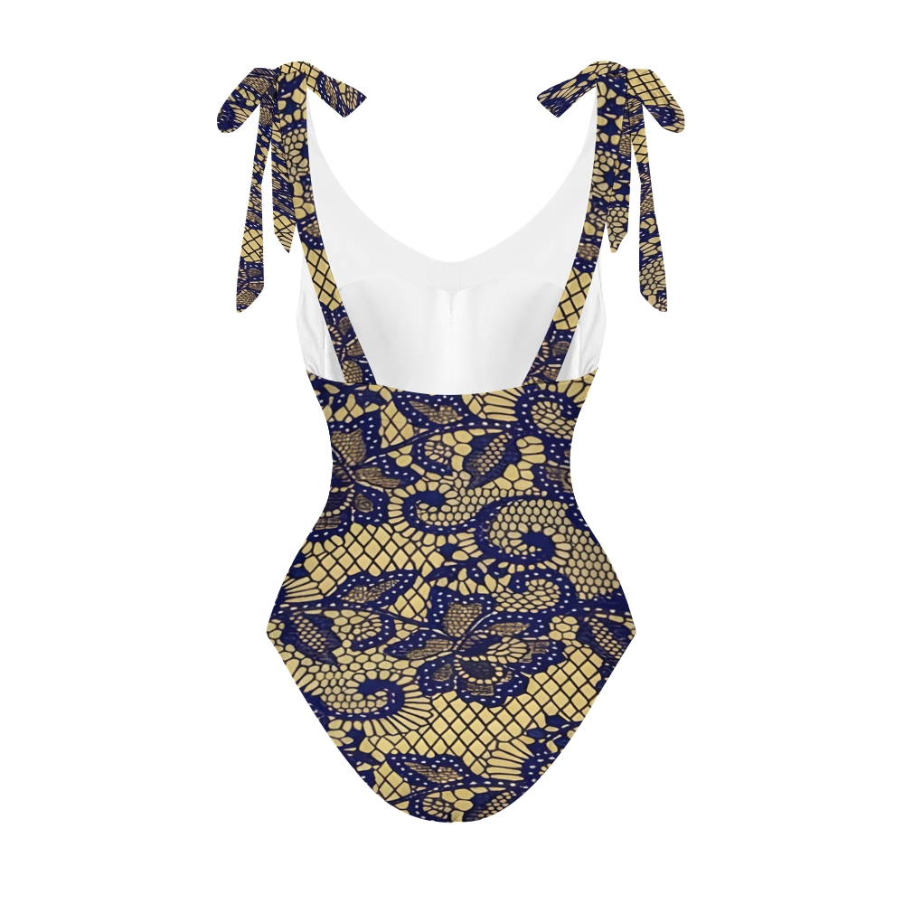 Women's Floral and Scrollwork Print on a Mesh Pattern Background One-Piece Swimsuit
