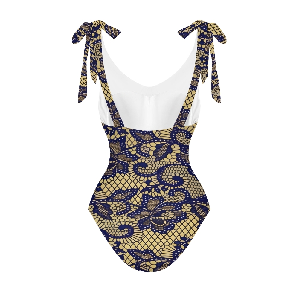 Women's Floral and Scrollwork Print on a Mesh Pattern Background One-Piece Swimsuit