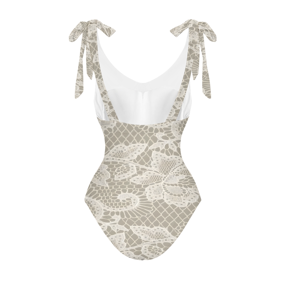 Women's Floral and Scrollwork Print on a Mesh Pattern Background One-Piece Swimsuit
