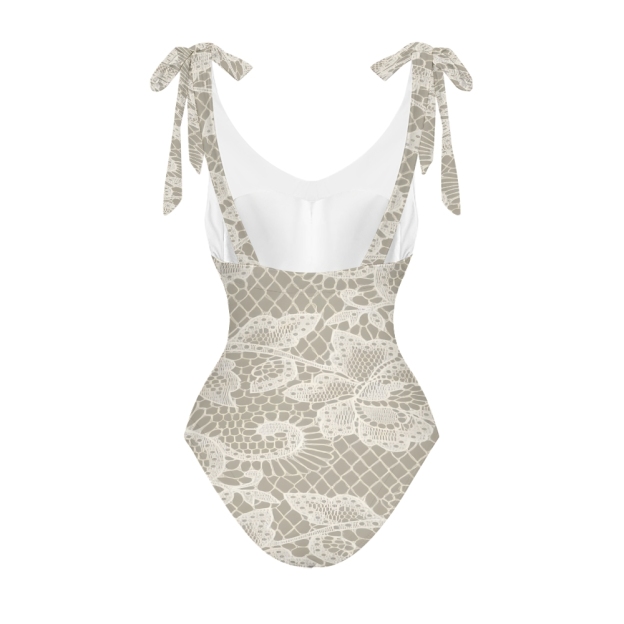 Women's Floral and Scrollwork Print on a Mesh Pattern Background One-Piece Swimsuit