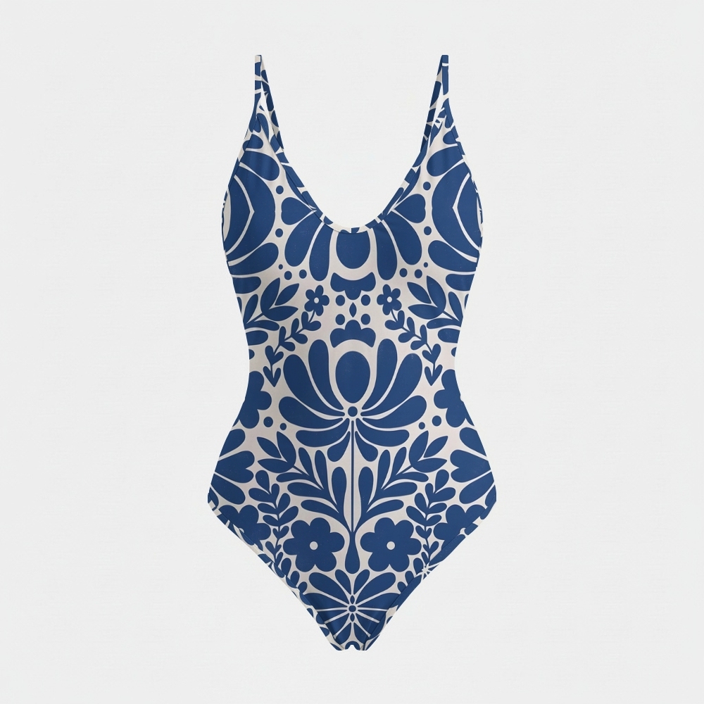Women's Blue and White Symmetrical Floral Pattern Plunging V-Neck One-Piece Swimsuit