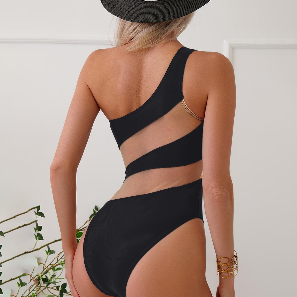 Women's One Piece Swimsuit Sexy Sheer Mesh Cutout Black Bathing Suit