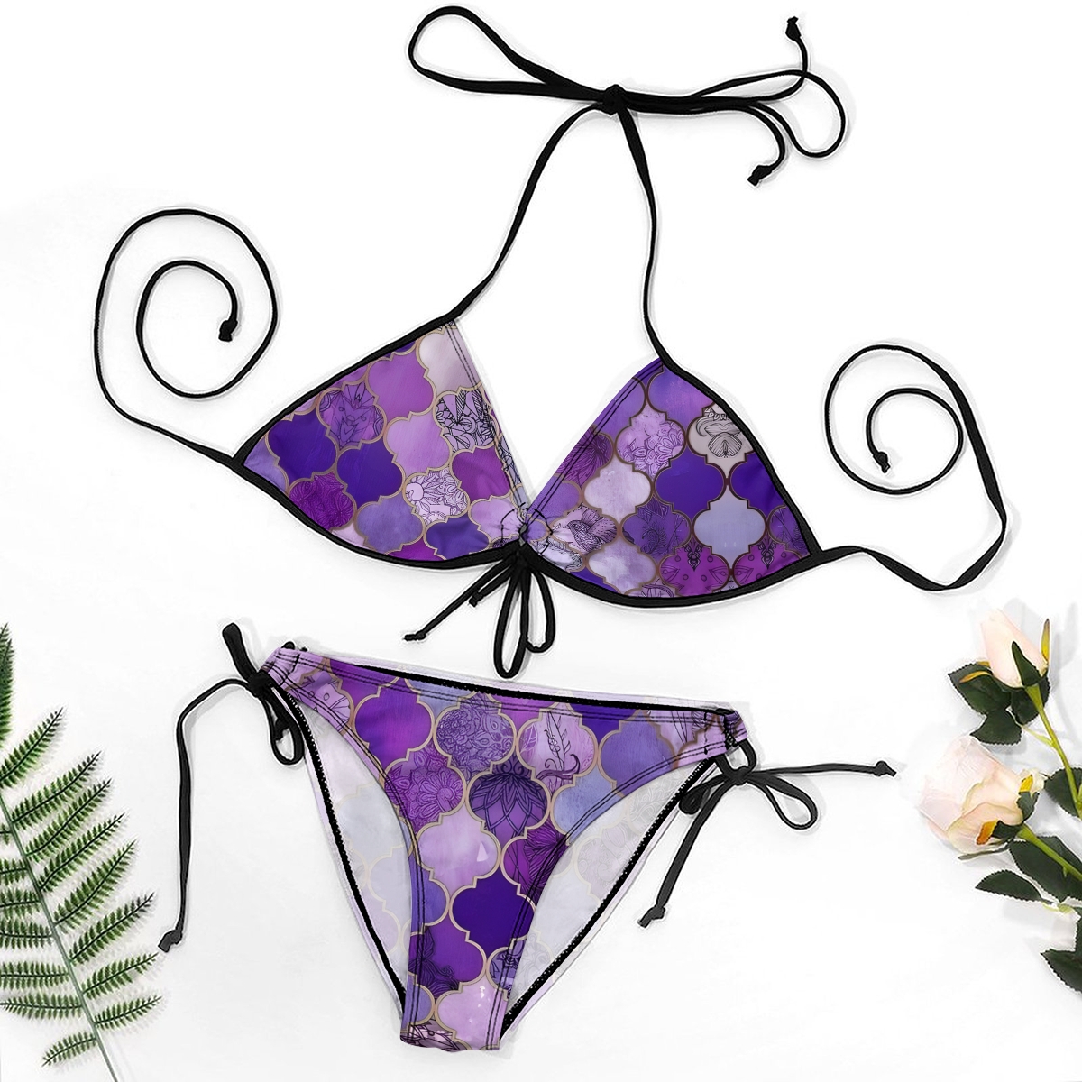 Floral Geometric Bikini Set with Keyhole Halter Top and Tie Side Bottoms