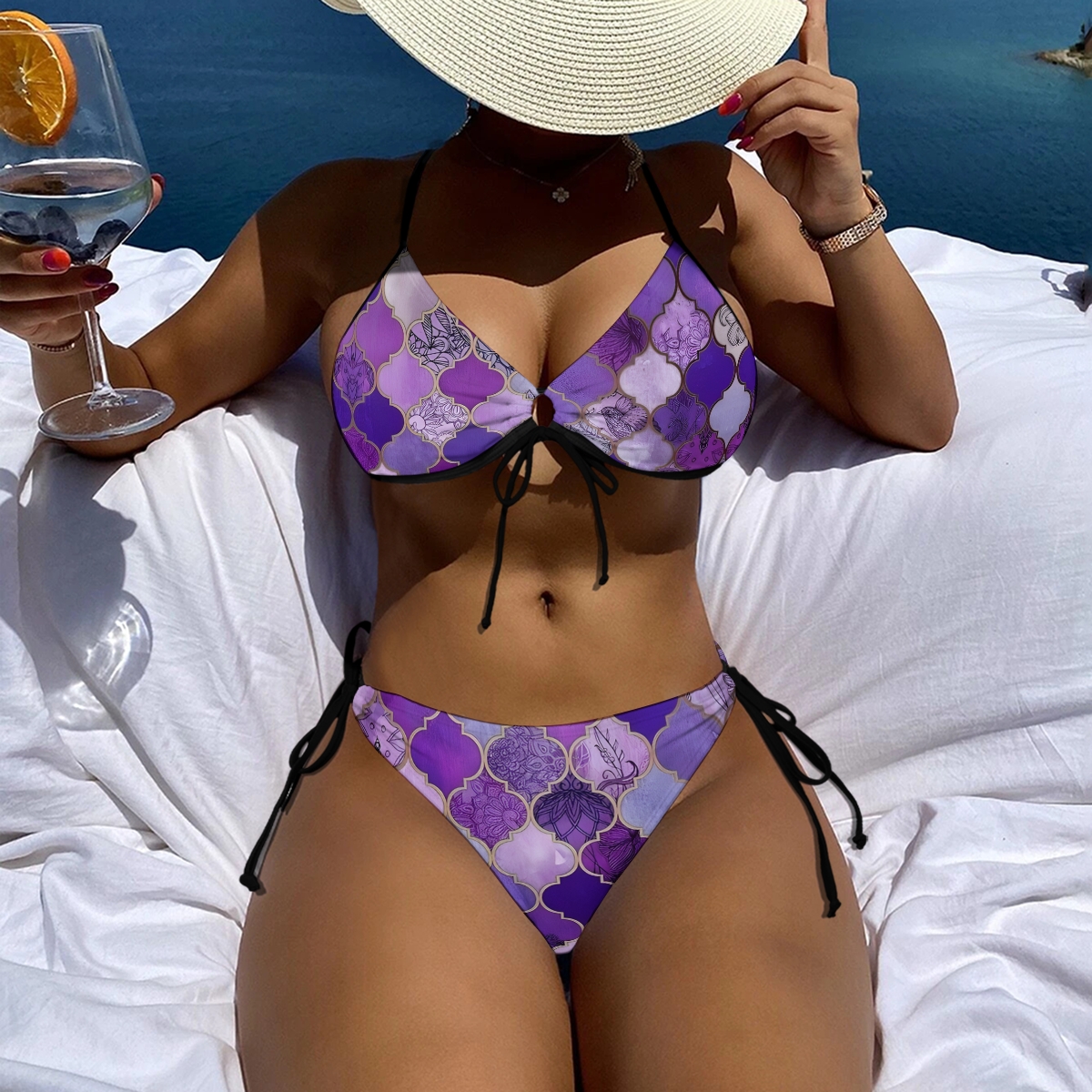 Floral Geometric Bikini Set with Keyhole Halter Top and Tie Side Bottoms