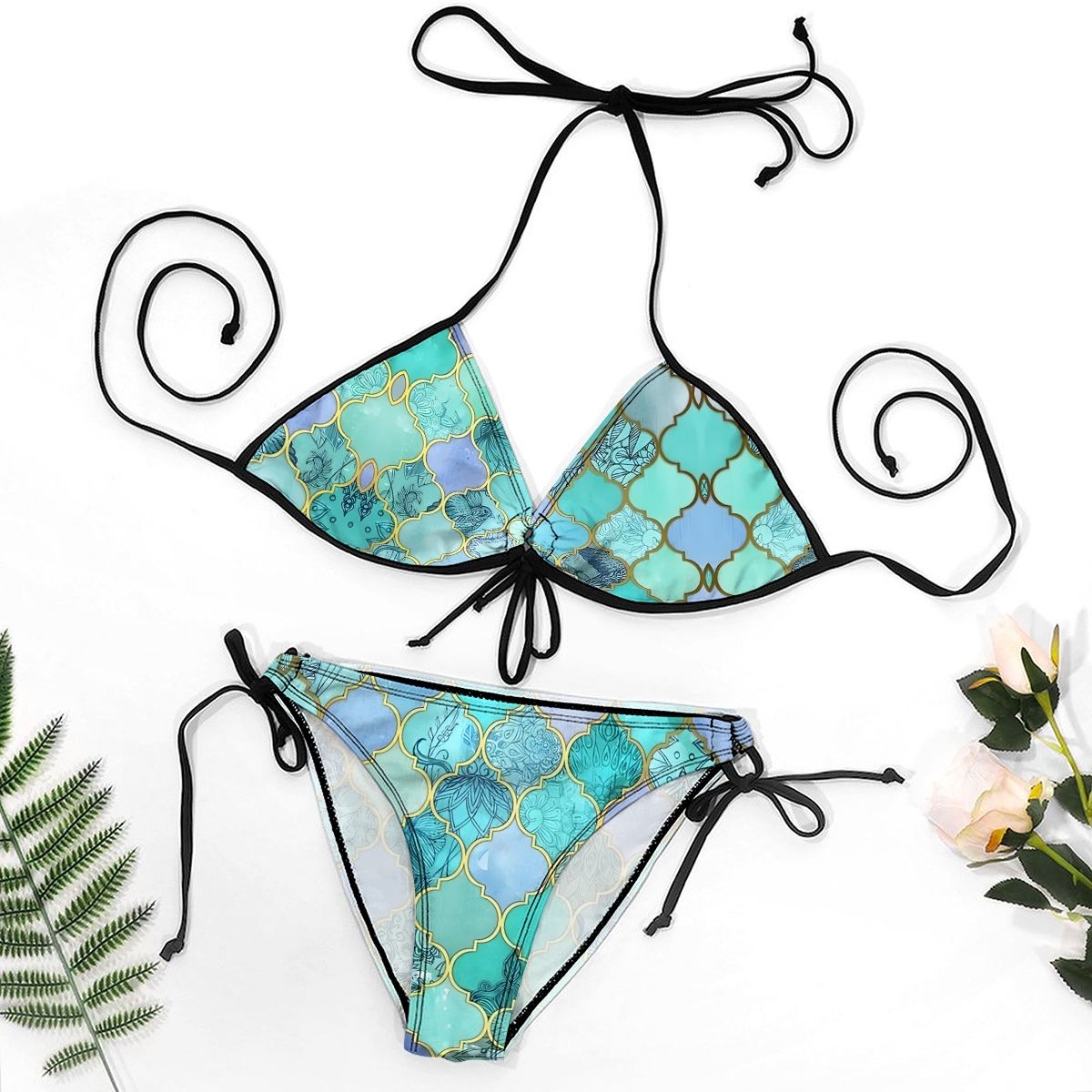 Floral Geometric Bikini Set with Keyhole Halter Top and Tie Side Bottoms