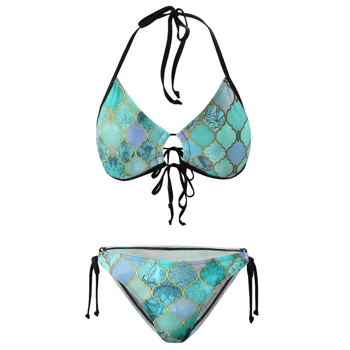 Floral Geometric Bikini Set with Keyhole Halter Top and Tie Side Bottoms
