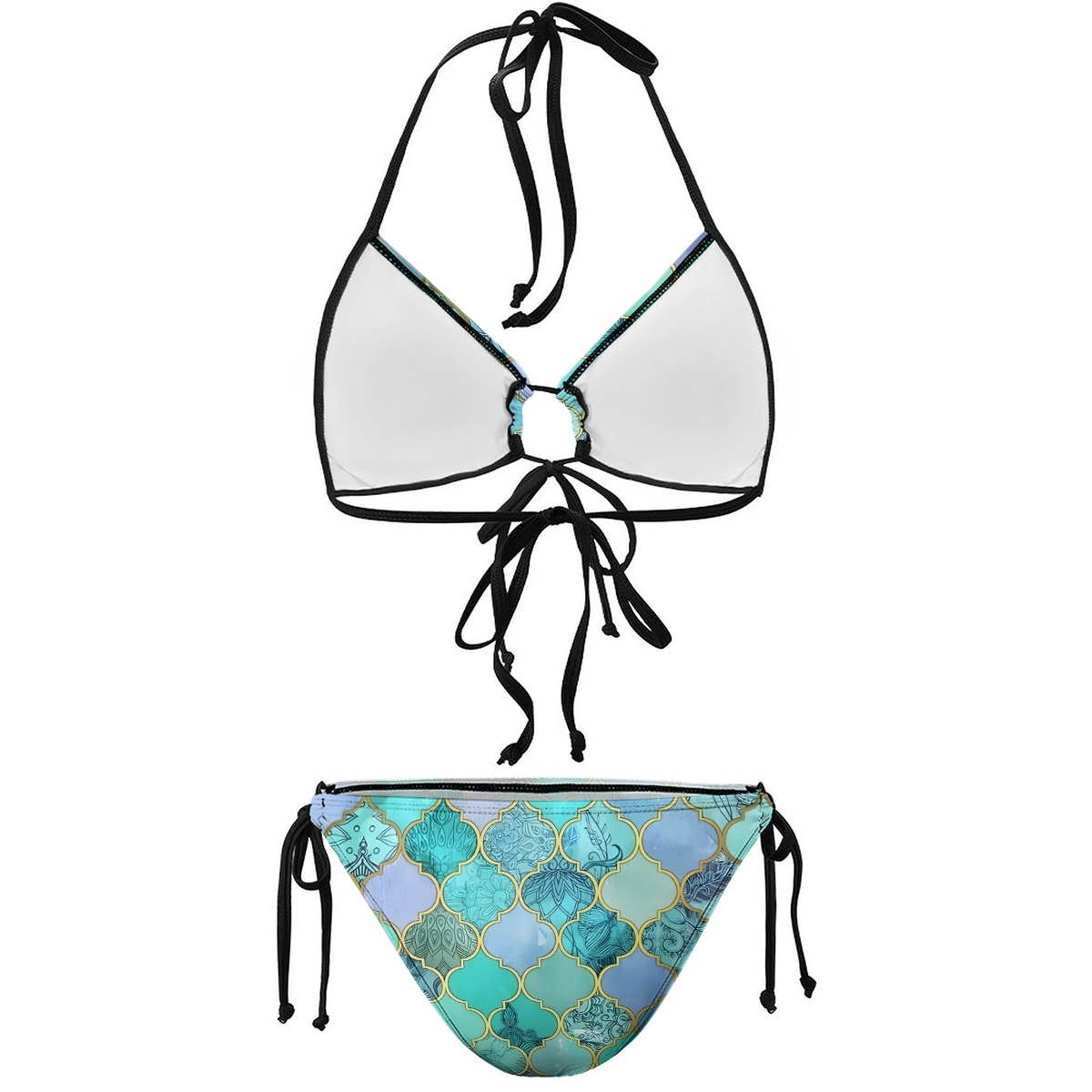 Floral Geometric Bikini Set with Keyhole Halter Top and Tie Side Bottoms