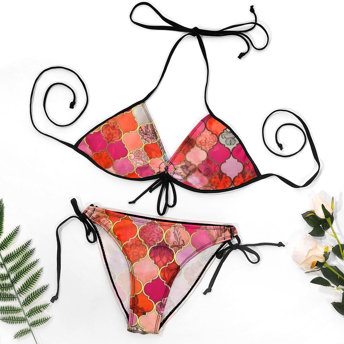 Floral Geometric Bikini Set with Keyhole Halter Top and Tie Side Bottoms
