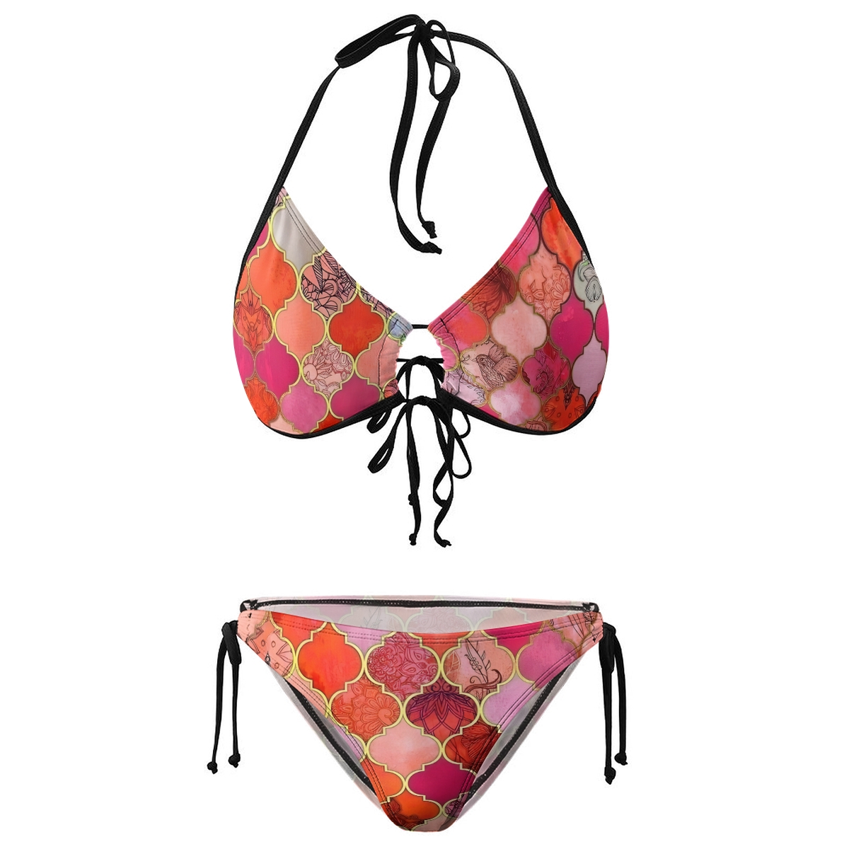 Floral Geometric Bikini Set with Keyhole Halter Top and Tie Side Bottoms