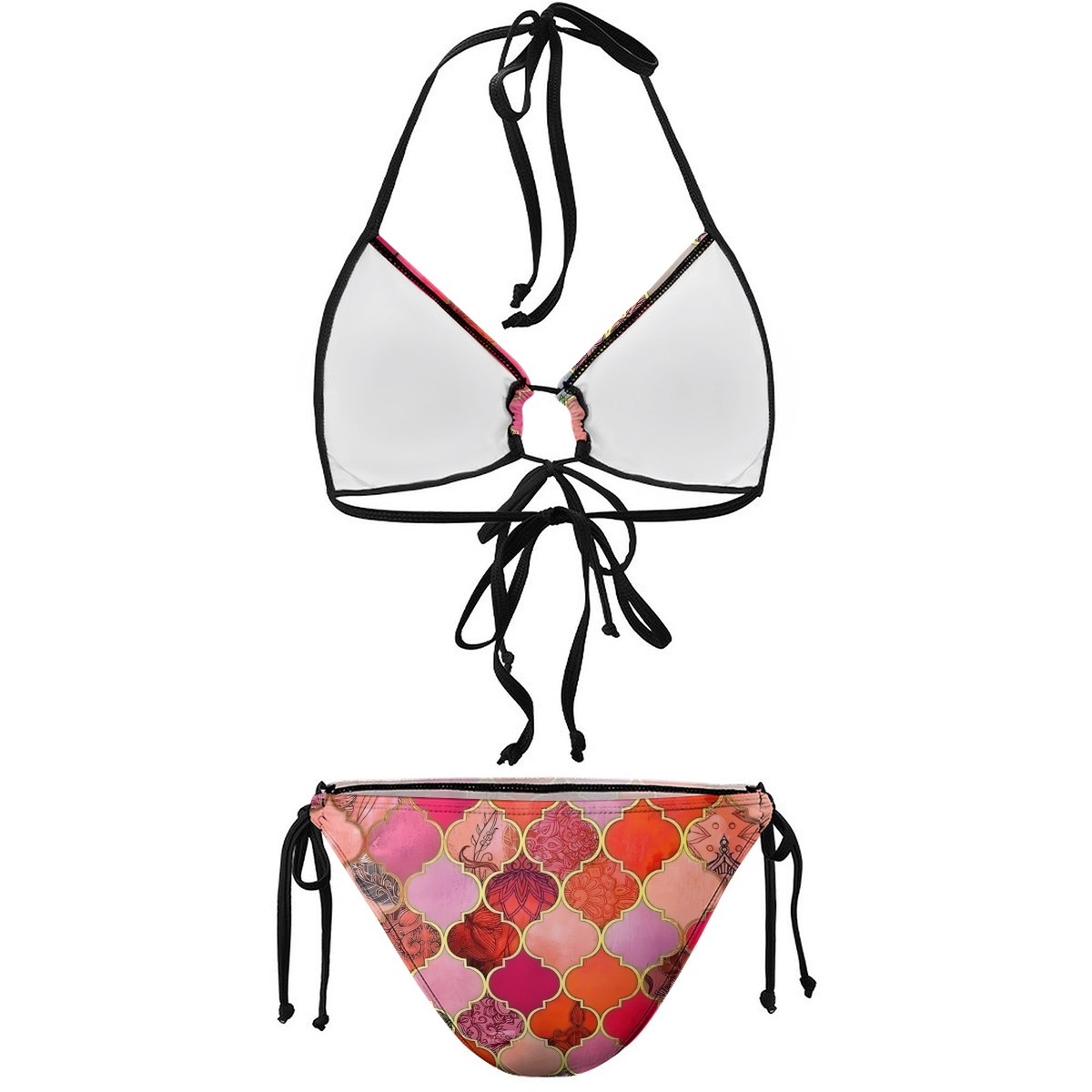 Floral Geometric Bikini Set with Keyhole Halter Top and Tie Side Bottoms