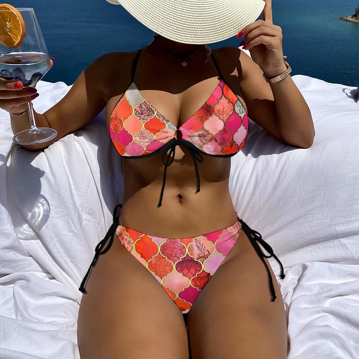 Floral Geometric Bikini Set with Keyhole Halter Top and Tie Side Bottoms