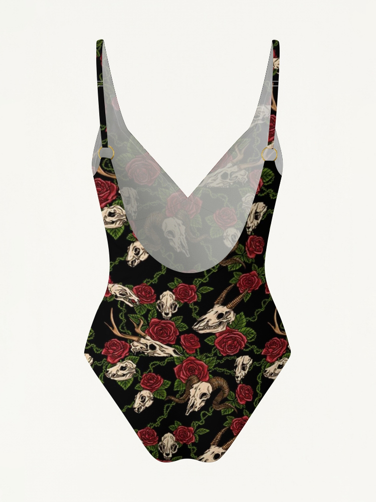 Rose and Animal Skull Plunging Swimsuit