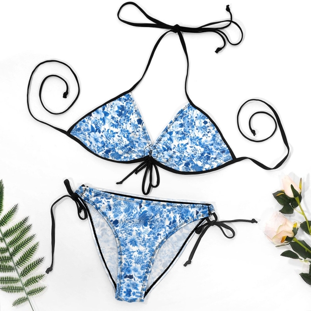  Blue Blossom Print Triangle Bikini