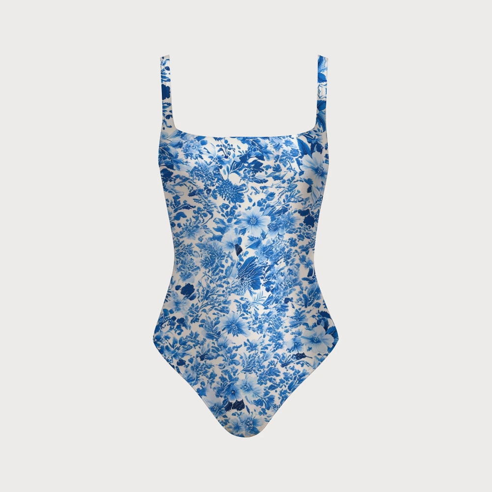  Blue Blossom Print One-Piece Swimsuit