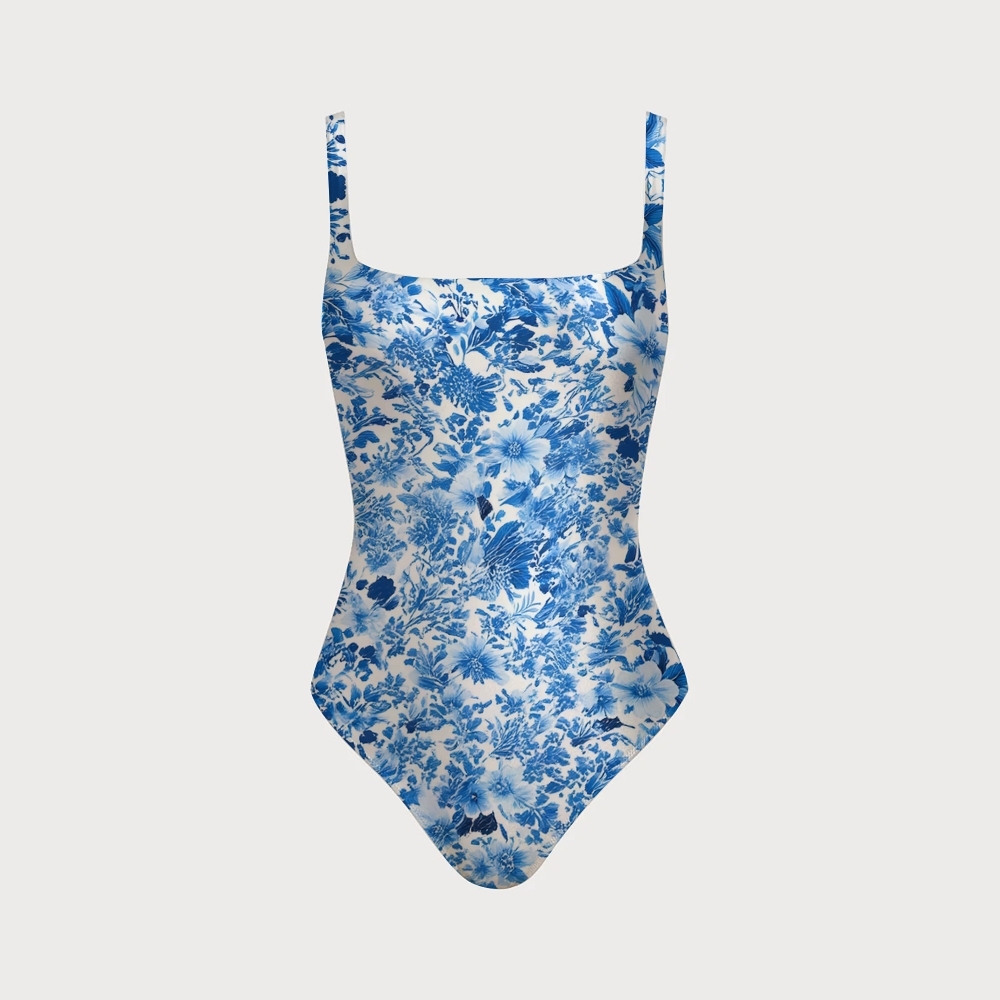  Blue Blossom Print One-Piece Swimsuit