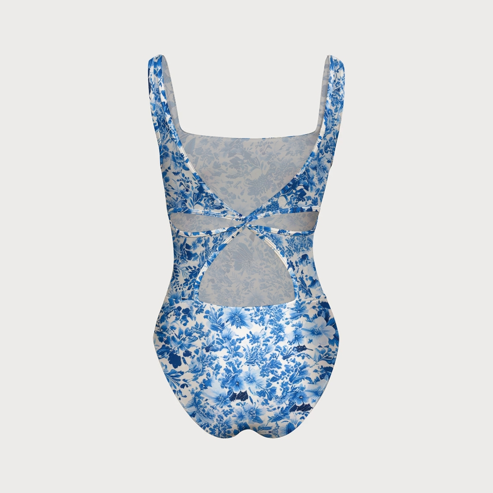  Blue Blossom Print One-Piece Swimsuit