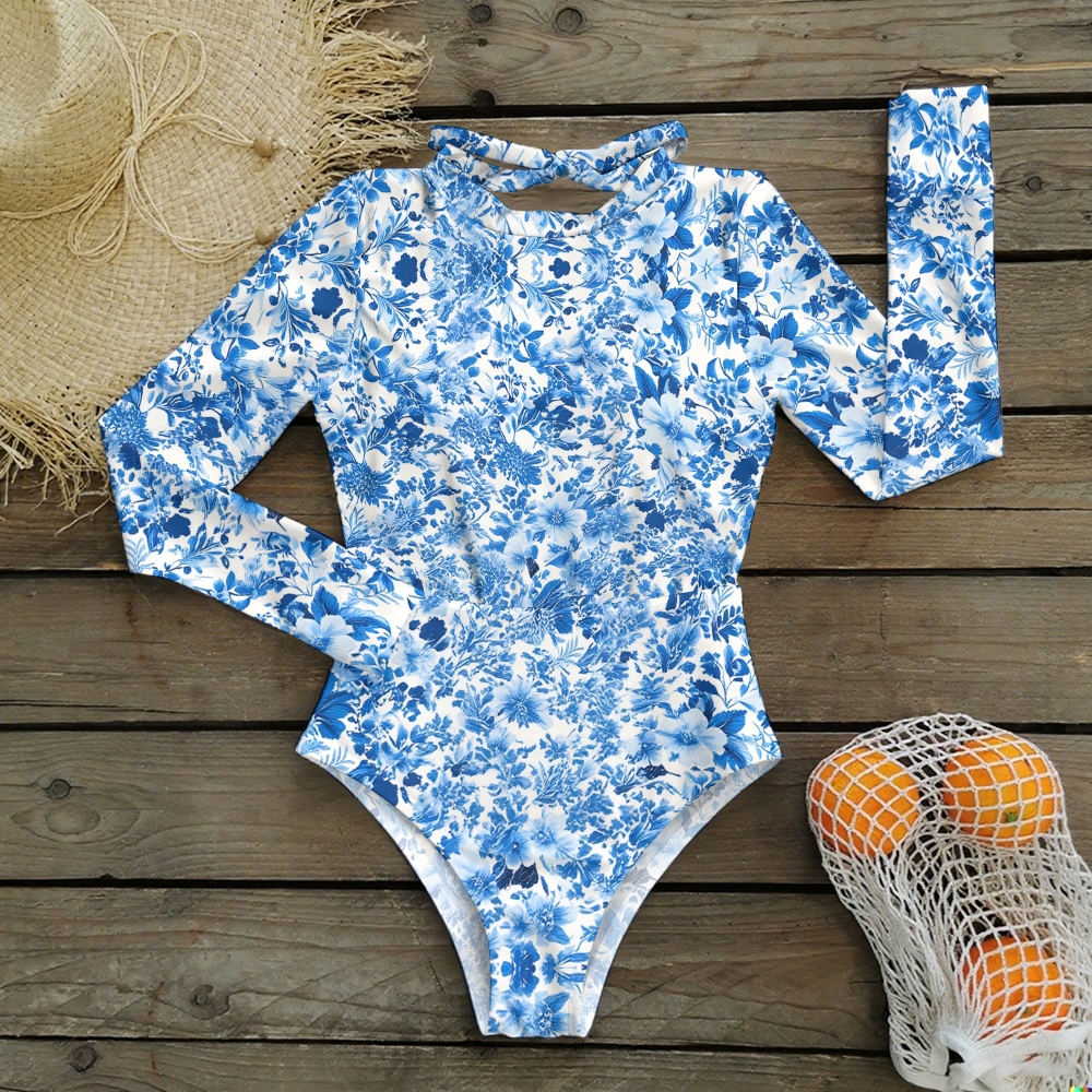 Blue Blossom Print One-Piece Swimsuit