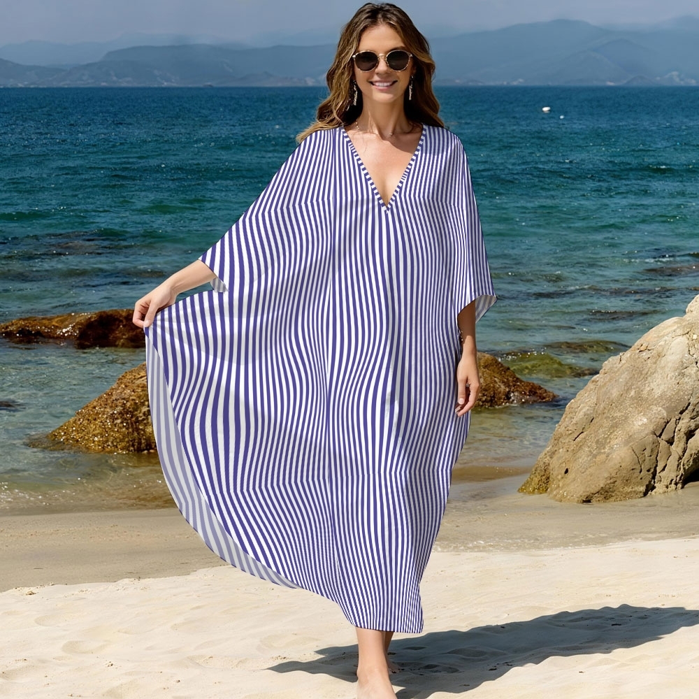 Women's Kaftan Beach Cover-up Dress with Blue and White Stripe Print
