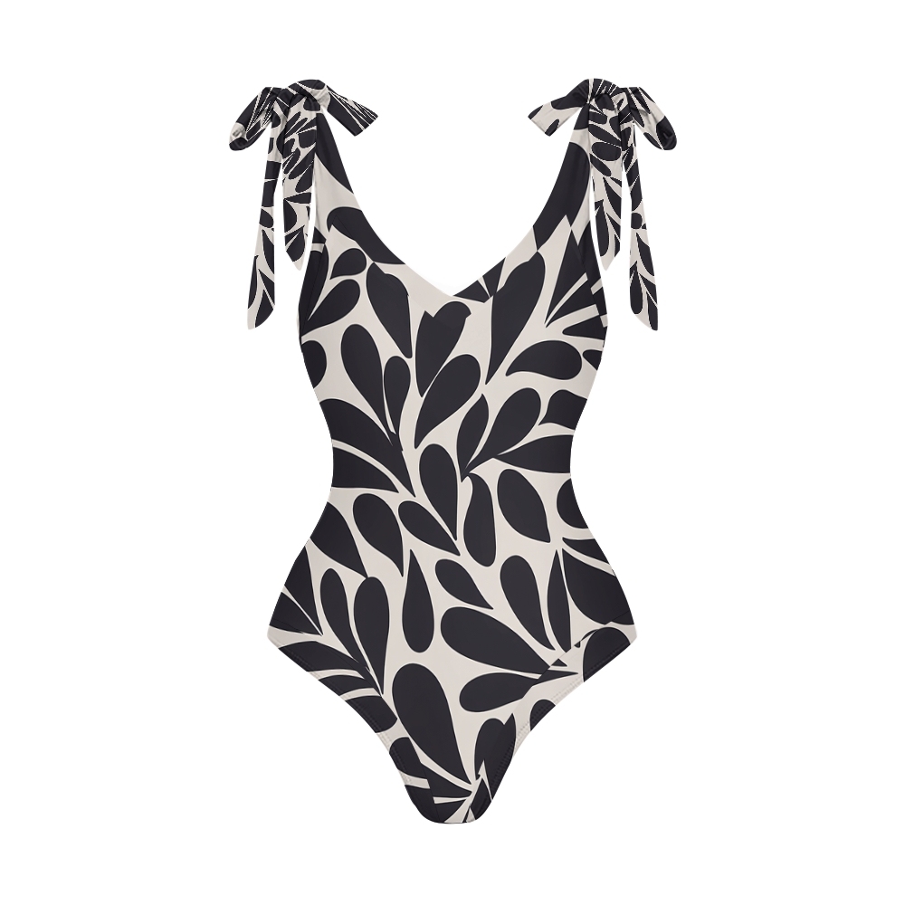 Women's V-Neck Geometric Print and Bow Details on Both Shoulders One Piece Swimsuit