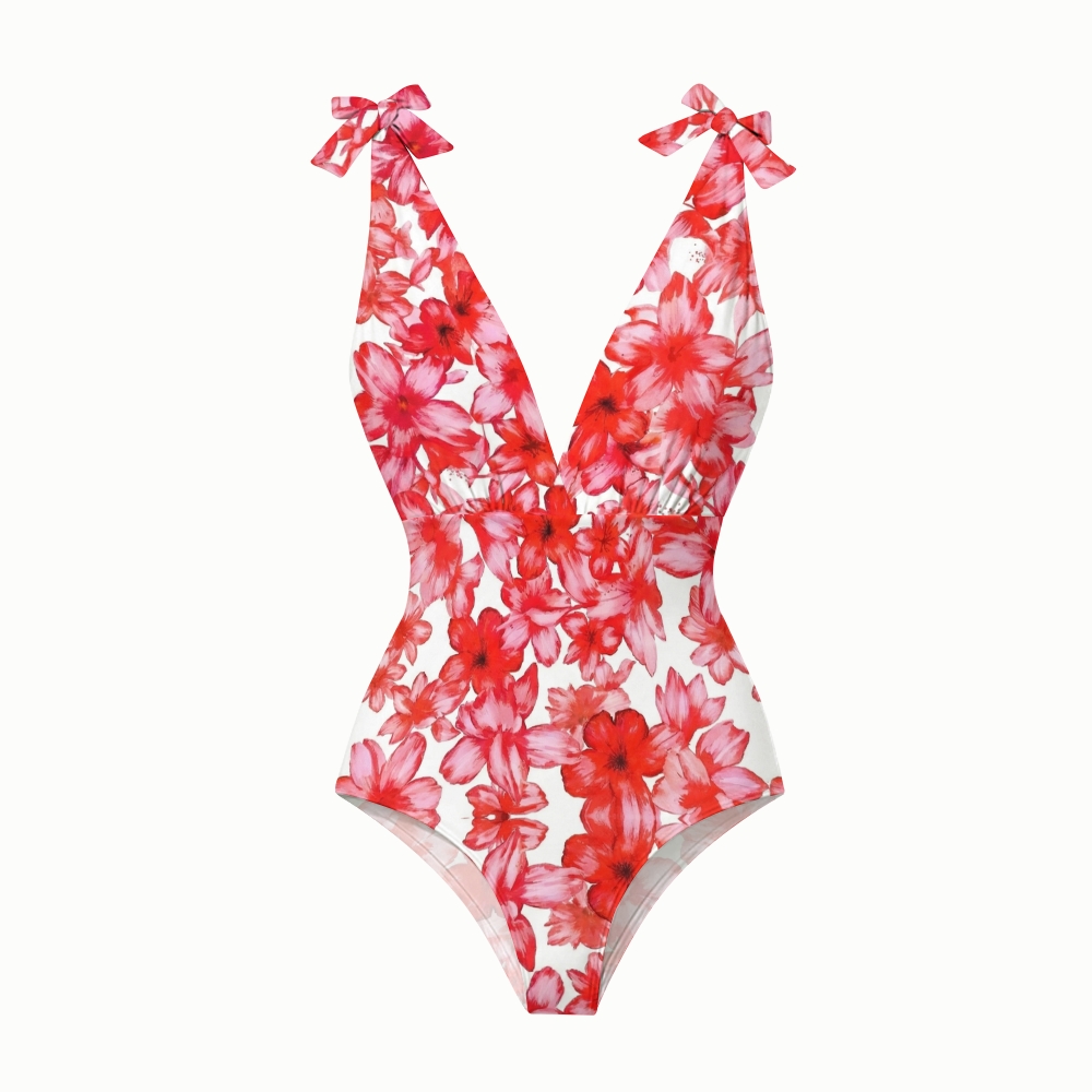 Women's Beach Flower Print One Piece Swimsuit and Skirt