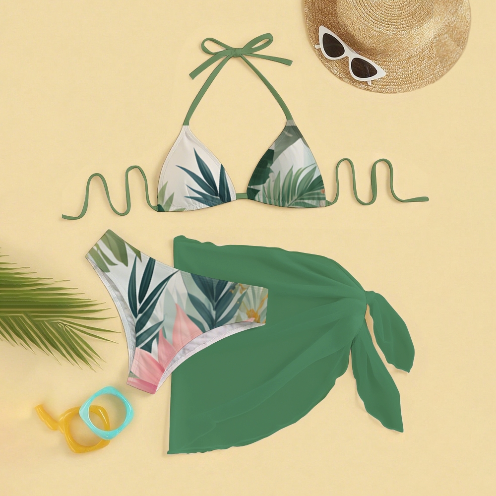 Tropical Print Bikini Three-Piece Set