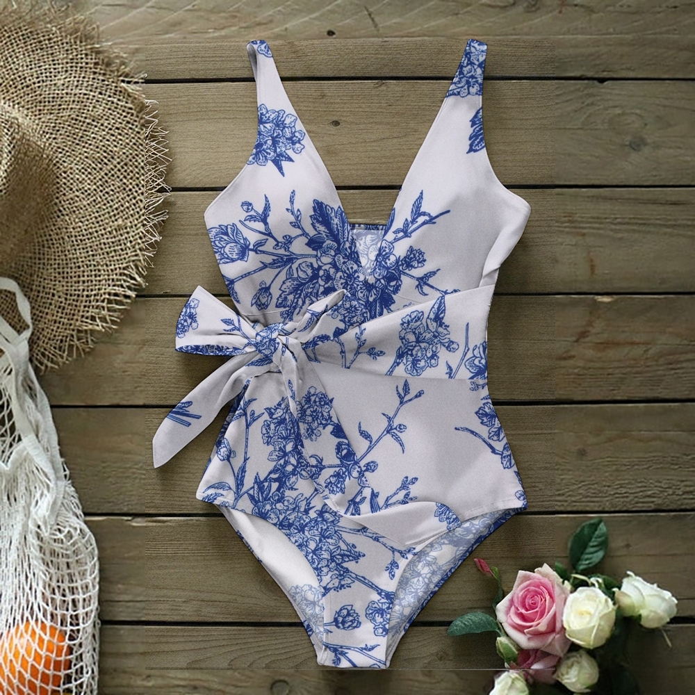 Women's V-Neck Blue Floral Print and Knot Detail One Piece Swimsuit