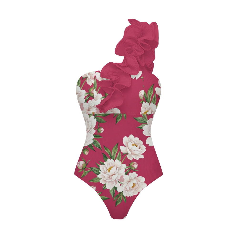 Women's Tropical Print One Shoulder Ruffle One Piece Swimsuit and Skirt