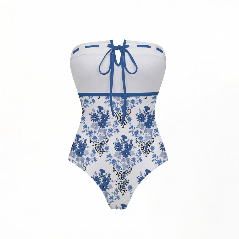 Blue White Floral Bandeau Print Swimsuit Set(s)