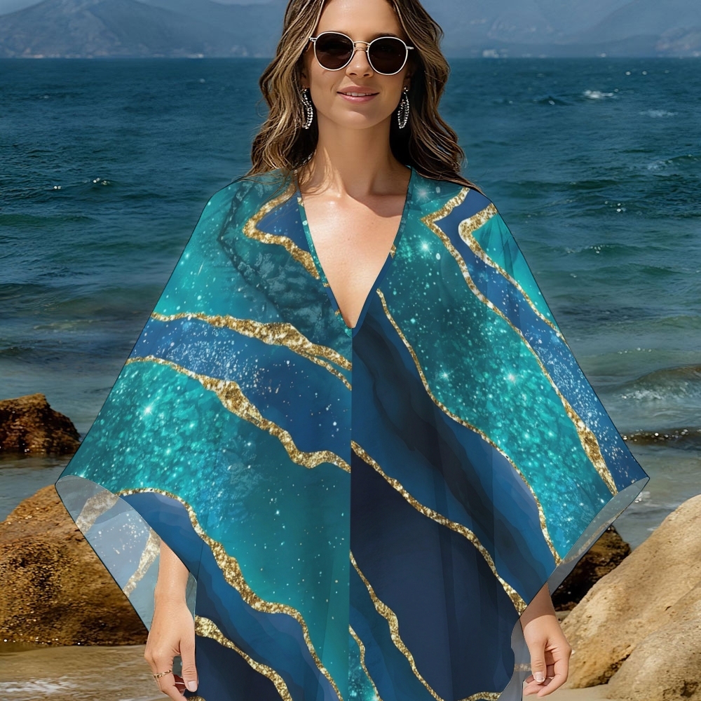 Women's V Neck Beach Cover-up Dress with Marble Effect Print