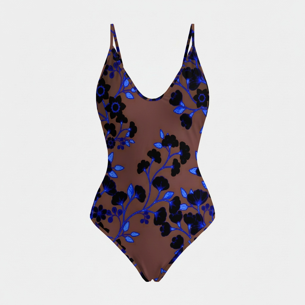 Boho Brown Floral One-Piece Swimsuit
