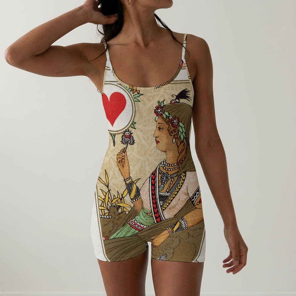 Collectible Artistic Playing Card Print Spaghetti Strap One-Piece Swimsuit
