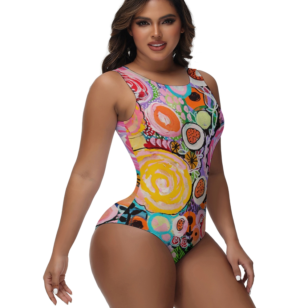 Colorful Artistic Floral Hand-Painted Style Zip One-Piece