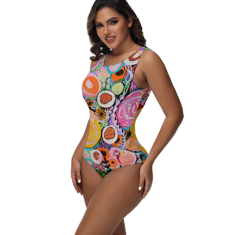 Colorful Artistic Floral Hand-Painted Style Zip One-Piece