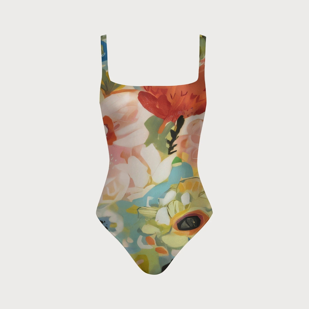 Artistic Floral Hand-Painted Multi-Strap Cutout Swimsuit