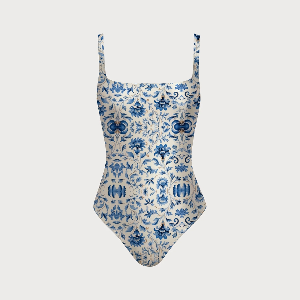 Square Neck Cutout Knot Back Florentine Print Swimsuit