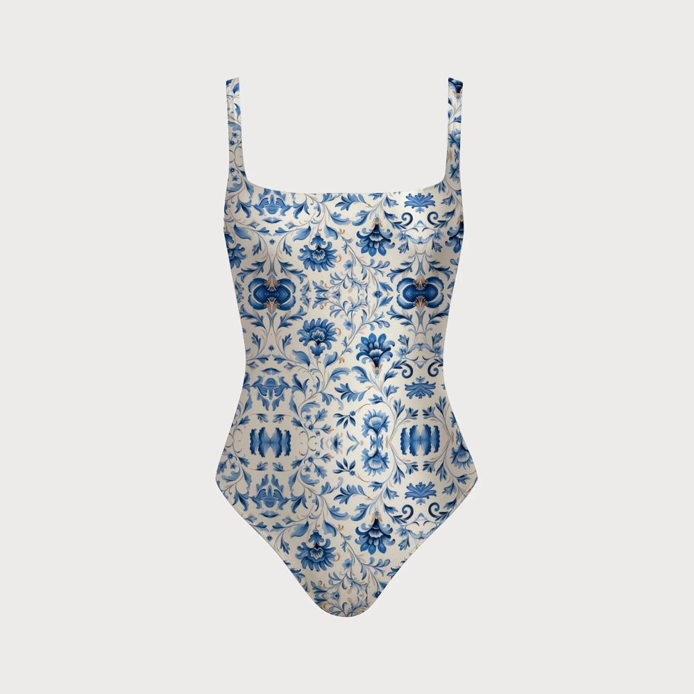 Square Neck Cutout Knot Back Florentine Print Swimsuit