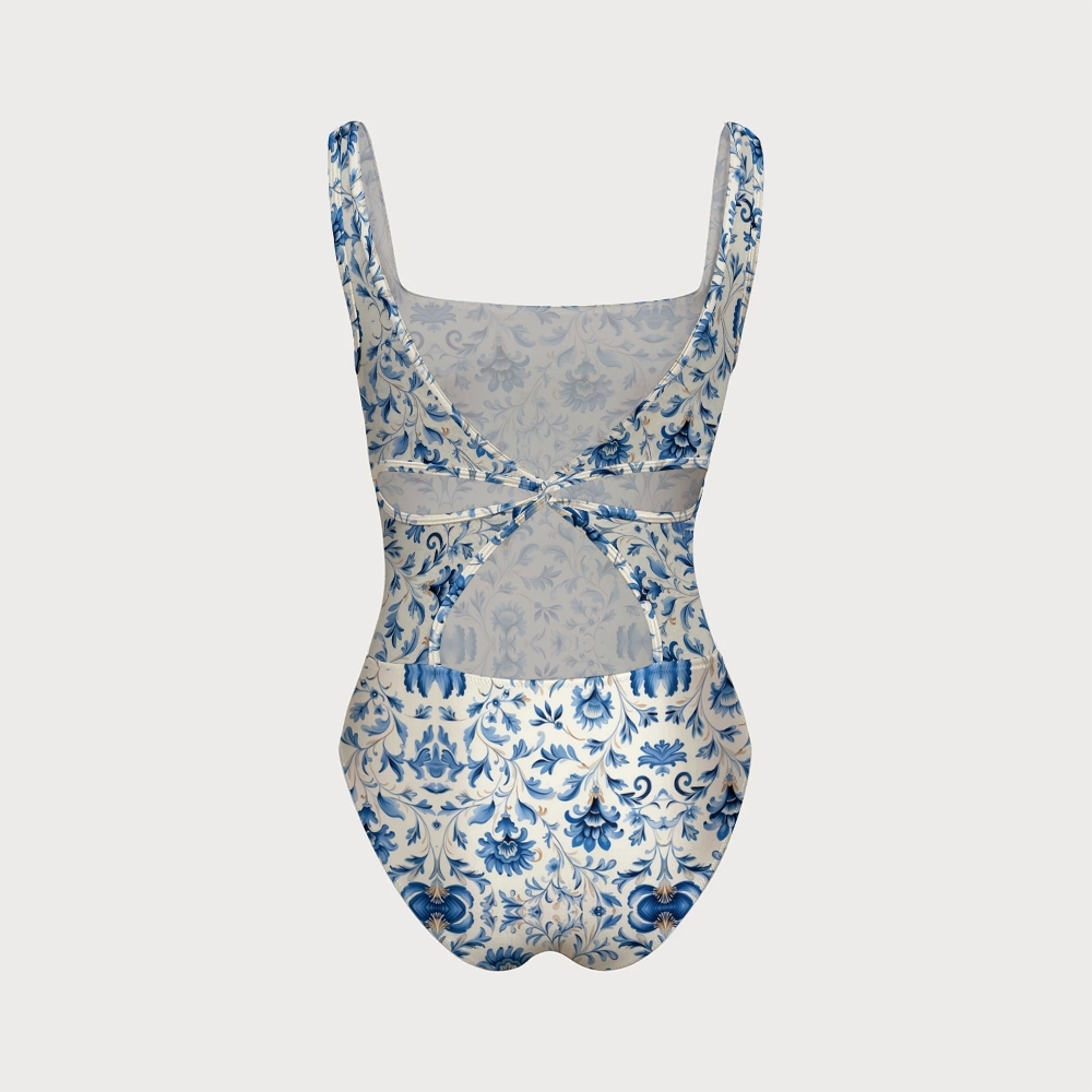 Square Neck Cutout Knot Back Florentine Print Swimsuit
