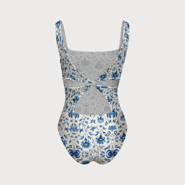 Square Neck Cutout Knot Back Florentine Print Swimsuit
