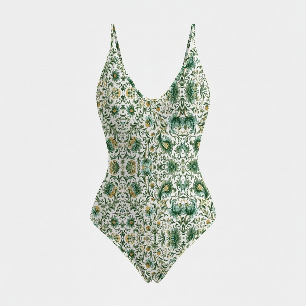 Deep Neck Thin Strap Florentine Floral Print Swimsuit