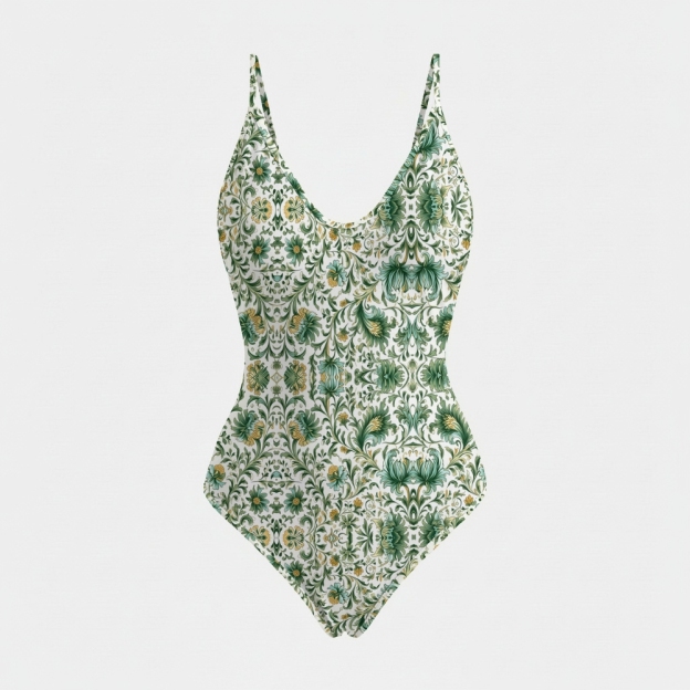 Deep Neck Thin Strap Florentine Floral Print Swimsuit