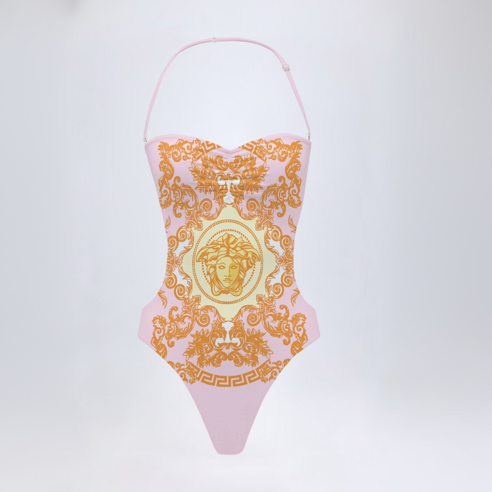 Pink Gold Court Pattern Print Cut-Out Swimsuit with Open Back