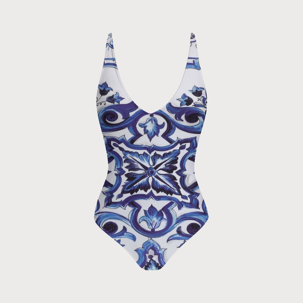 V Neck Cross Back Baroque Print Swimsuit