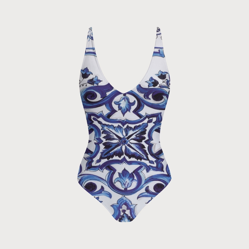 V Neck Cross Back Baroque Print Swimsuit