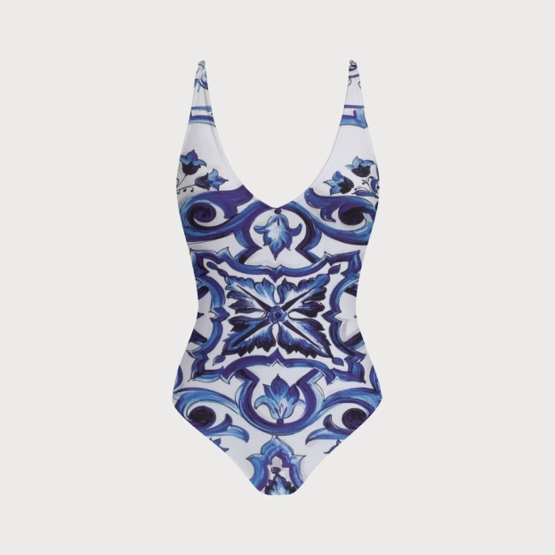 V Neck Cross Back Baroque Print Swimsuit