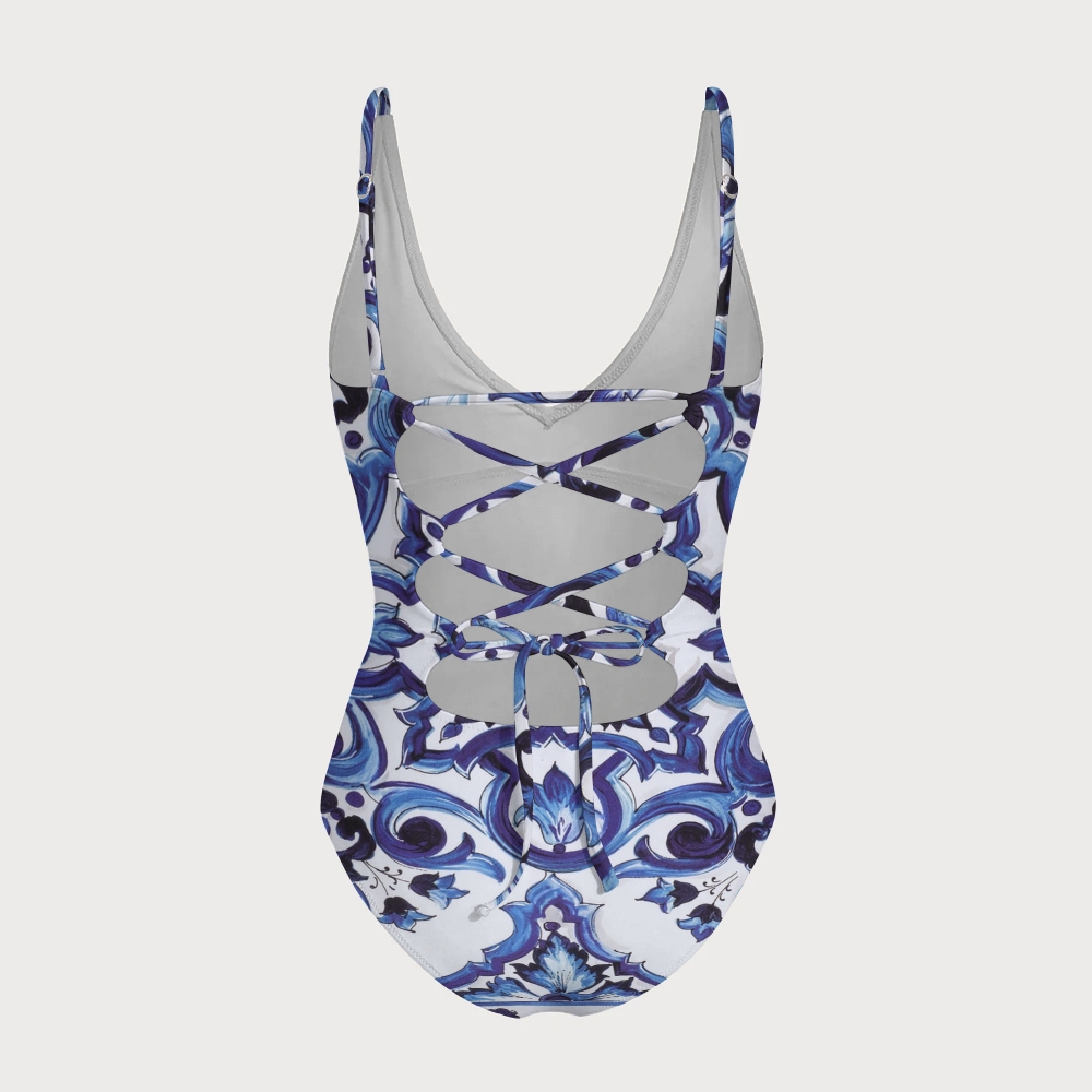 V Neck Cross Back Baroque Print Swimsuit